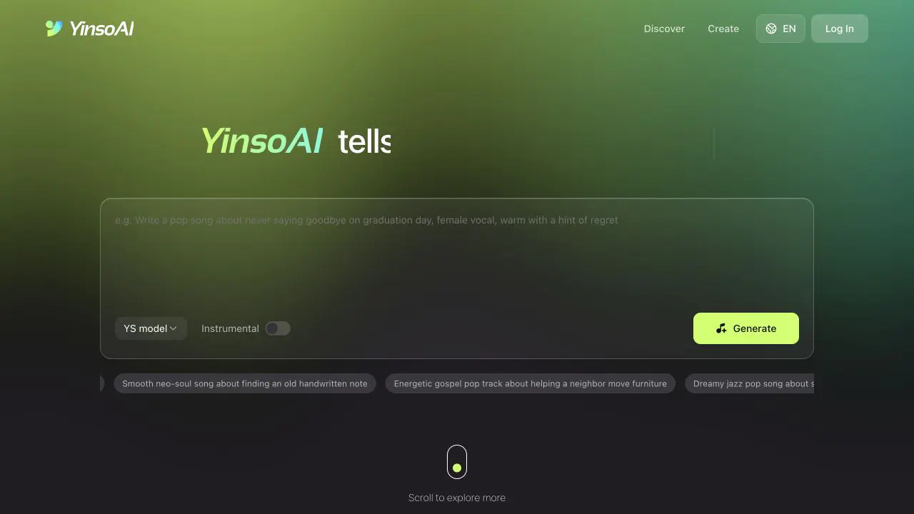 Cuadro de creación de YinsoAI donde puedes describir una canción y activar el modo instrumental