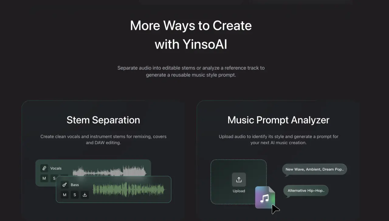 Herramientas creativas de YinsoAI, entre ellas separación de pistas y análisis de prompts musicales