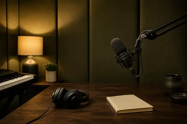 Podcast microphone, headphones and piano in a quiet recording corner