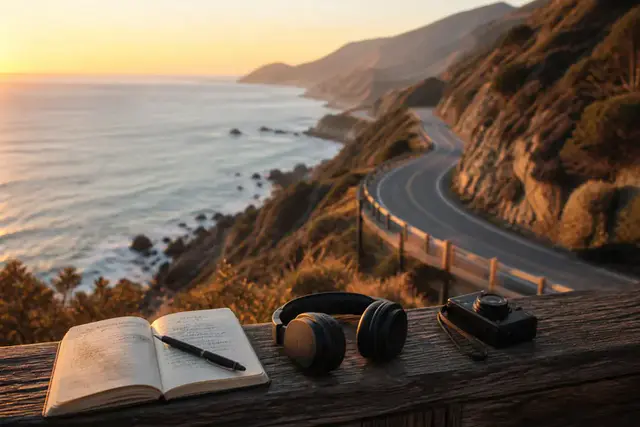 Headphones, a travel notebook and a camera overlooking a coastal road