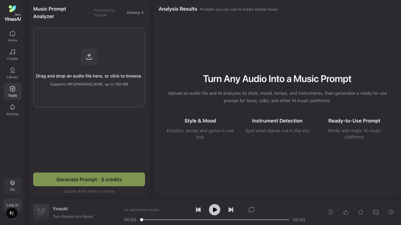 Analizador de prompts musicales de YinsoAI con la zona de subida de audio y el panel de resultados
