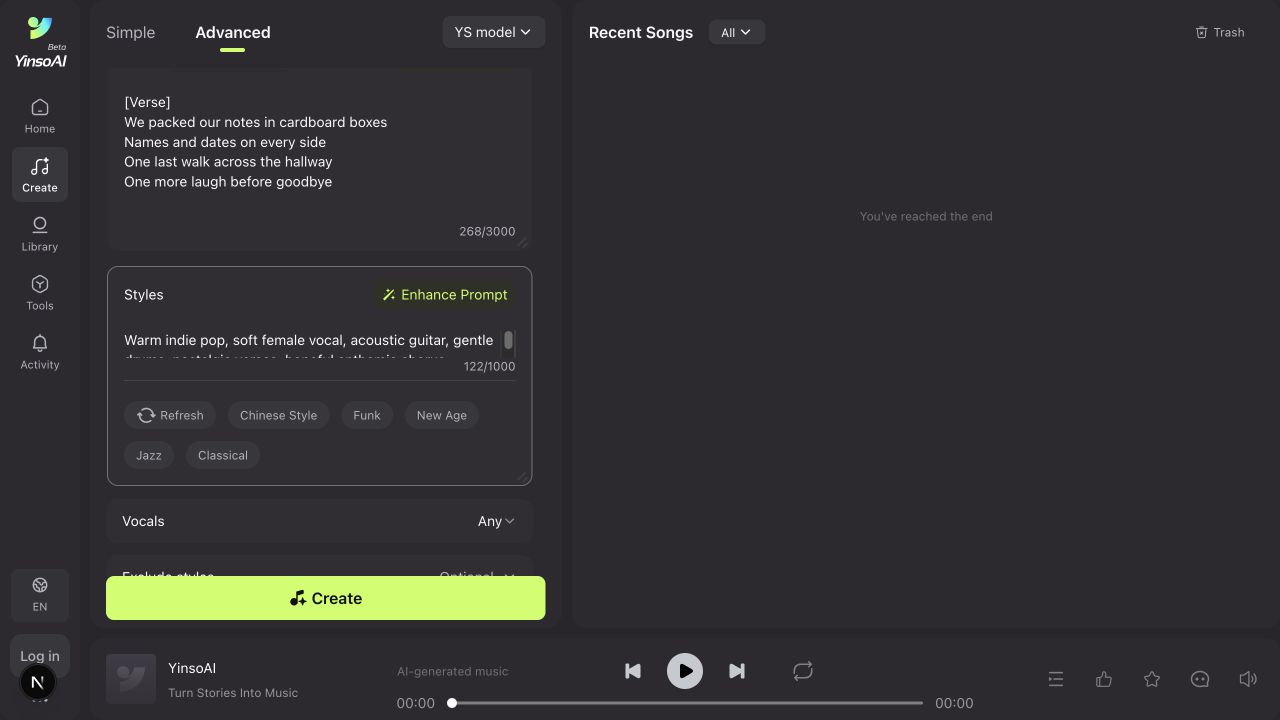 YinsoAI Advanced mode with structured lyrics and an indie-pop style description