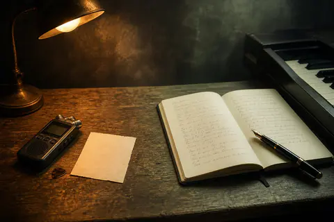 A voice recorder and a lyric notebook representing two ways to create a song
