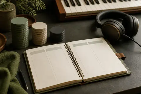 A session planner, token stacks and headphones for planning a music budget