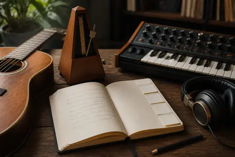 Notebook, metronome and instruments for planning a music prompt