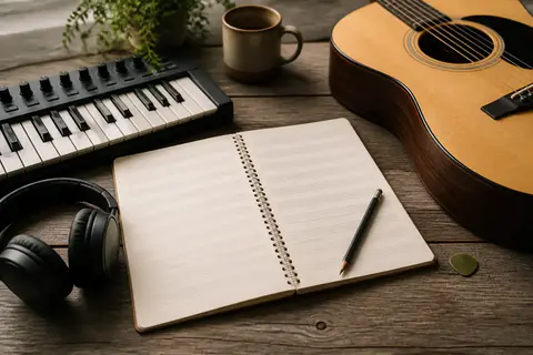 An open music notebook, pencil and small keyboard for a first song