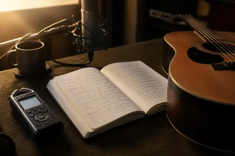 A songwriting notebook, voice recorder and acoustic guitar in a studio