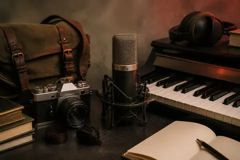 A microphone, camera and piano keys on a creative studio desk