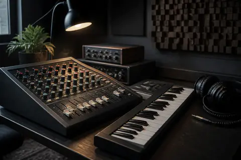 An analog mixing desk, keyboard and headphones for refining music